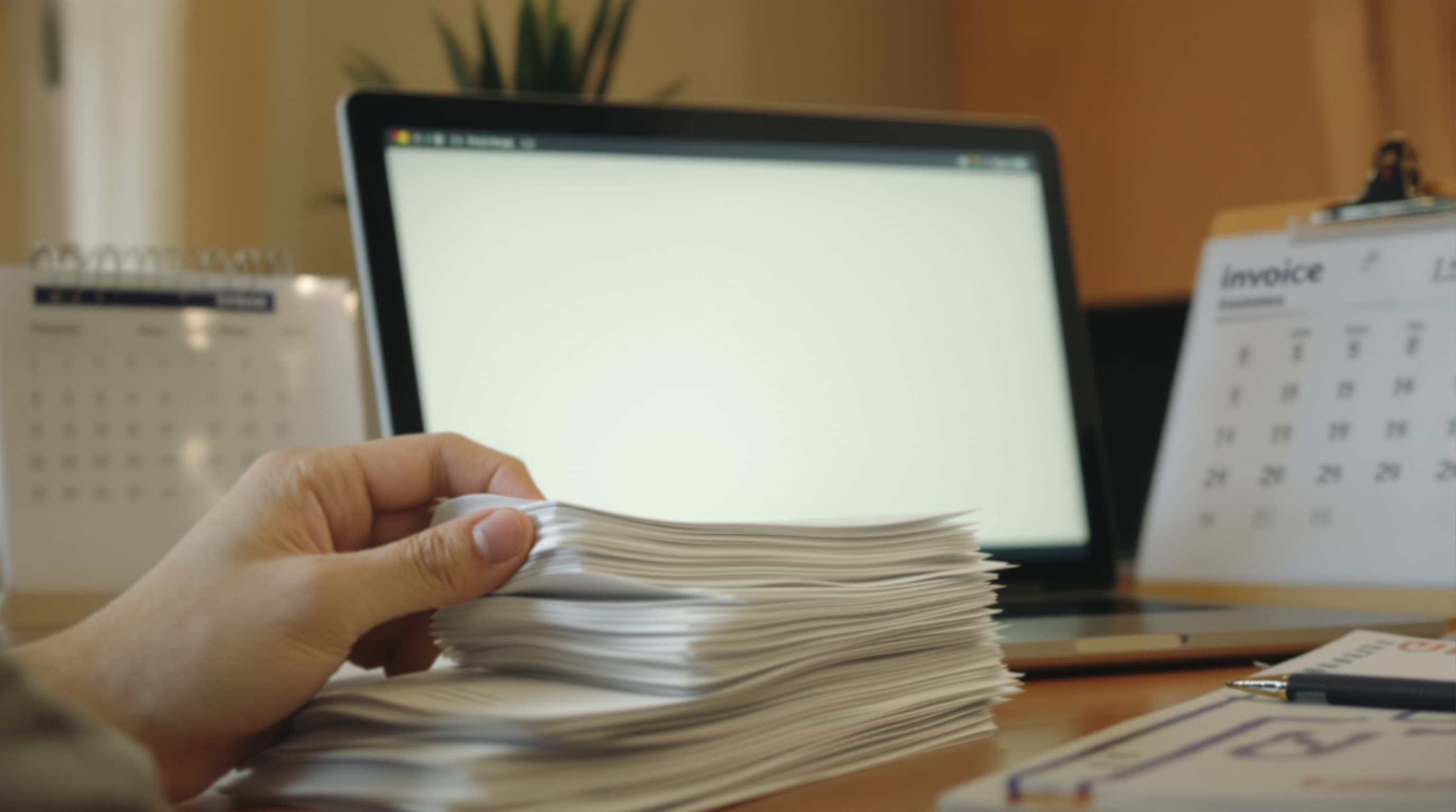Du papier à la facturation électronique, pile de factures et ordinateur
